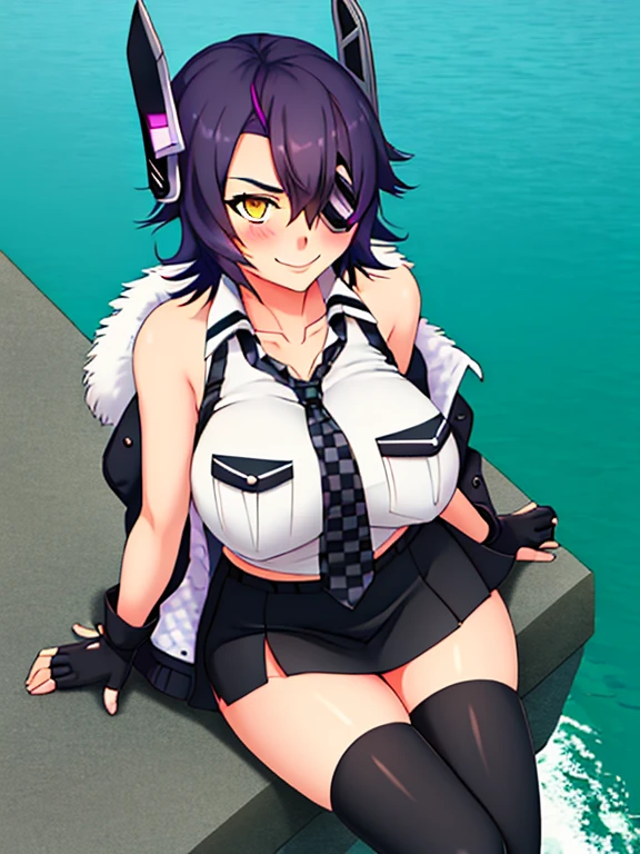 best quality, masterpiece, solo, {tenryuu_kantaicollection:1.15}, _girl, eyepatch, short_hair, purple_hair, yellow_eyes, headgear, breasts, necktie, large_breasts, smile, 1girl, blush, checkered_necktie, hair_over_one_eye, shirt, collared_shirt, white_shirt, jacket, sleeveless, brown_eyes, fur-trimmed_jacket, fur_trim, collarbone, looking_at_viewer, pocket, breast_pocket, ,, messy_hair, black_gloves, gloves, partially_fingerless_gloves,harbor_road_landscape_background,outdoor,short_skirt,thigh-highs,boots,sunlight,from_below,solo