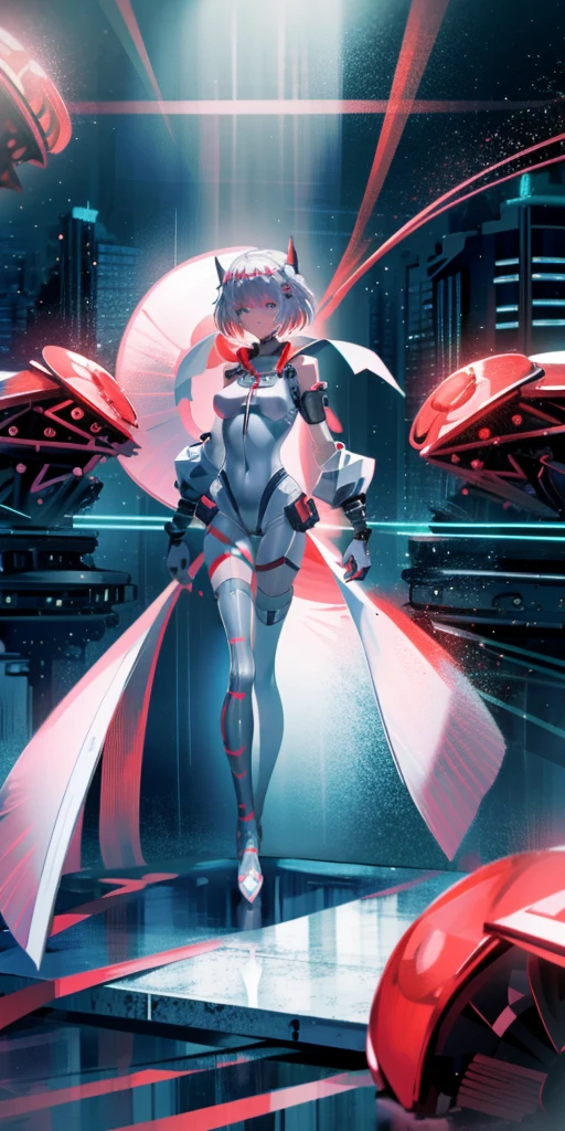 (Best quality:1.2),1 girl,Alone,permanent_,Ayanami Rei,White jumpsuit,Red Eyes,Pilot suits,short hair,Blue Hair,Bangs,Interface Headphones,turtleneck sweater,Hair between the eyes,Pixelated background,Neon lights,Sci-fi color scheme,Vibrant colors,Metallic,Detailed shadows,Holographic interface,Dark atmosphere,High contrast,Clear focus,A strand of hair,shiny reflective surfaces,Exquisite details,high resolution,Studio Lighting,Red embellishment,Lighting environment,Artificial intelligence assistant