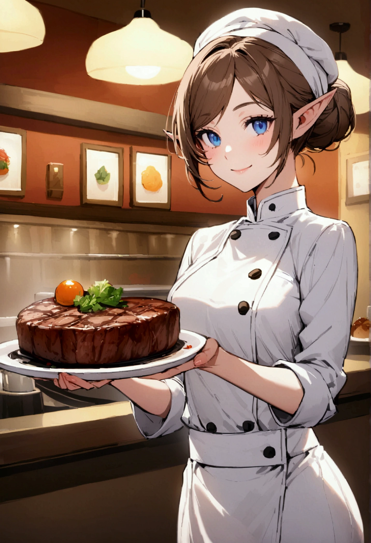 beautiful woman long brown hair in a bun blue eyes dressed in white cap, chef shirt, He is smiling, Holding a steak in his hand inside a restaurant serving a handsome elf