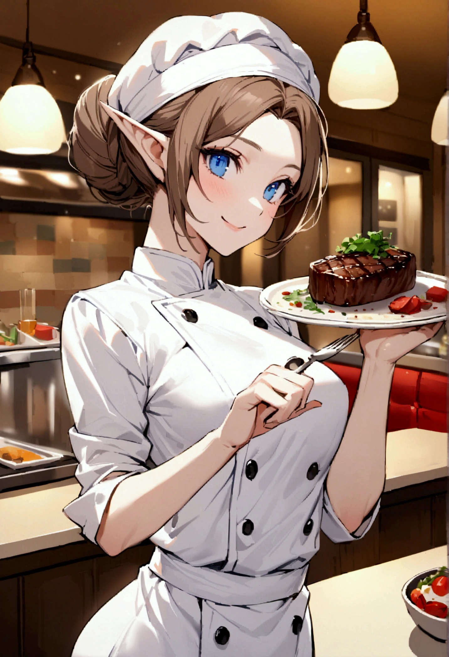 beautiful woman long brown hair in a bun blue eyes dressed in white cap, chef shirt, He is smiling, Holding a steak in his hand inside a restaurant serving a handsome elf