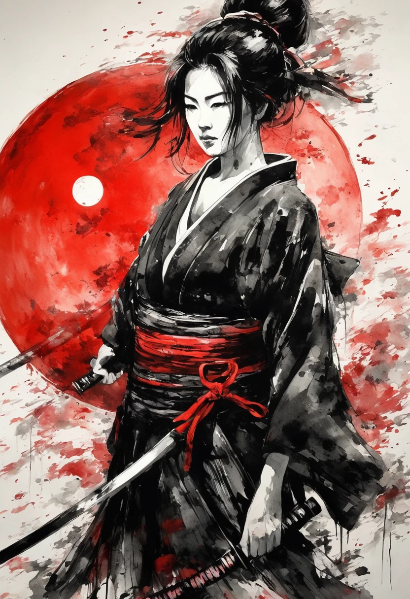 Ink Painting,１color,whole body,Beautiful Woman,A dignified face,The Mind of Stillness,Medium Hair,warrior,knife,日本knife,Black kimono,(Katana and Wakizashi).(Haori)Shining red moon,Drawing of strokes drawn with rotting ring 0,Dynamic movement and powerful brushstrokes、