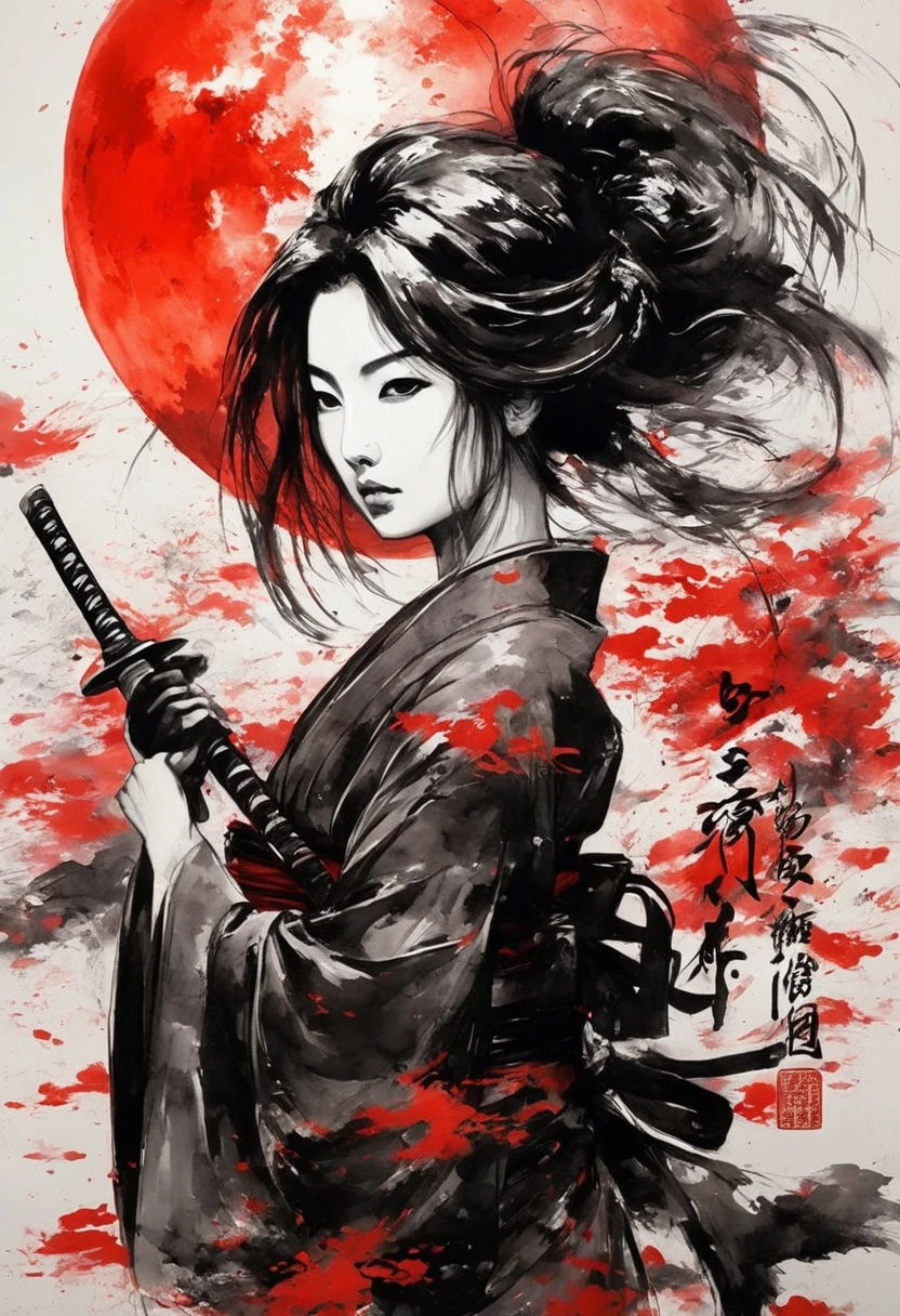 Ink Painting,１color,whole body,Beautiful Woman,A dignified face,The Mind of Stillness,Medium Hair,warrior,knife,日本knife,Black kimono,(Katana and Wakizashi).(Haori)Shining red moon,Drawing of strokes drawn with rotting ring 0,Dynamic movement and powerful brushstrokes、