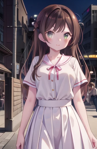 mizuharachizuru, Chizuru Ichinose, Long Hair, bangs, Brown Hair, (Brown eyes:1.5), One side up, smile,
break skirt, shirt, Short sleeve, Puff sleeves, puffy Short sleeve, White Skirt, pink shirt,
break outdoors, city, cityscape, crowd, people々,
break looking at viewer, (Cowboy Shot:1.5),
break (masterpiece:1.2), Highest quality, High resolution, unity 8k wallpaper, (figure:0.8), (Beautiful attention to detail:1.6), Highly detailed face, Perfect lighting, Highly detailed CG, (Perfect hands, Perfect Anatomy),Large Breasts