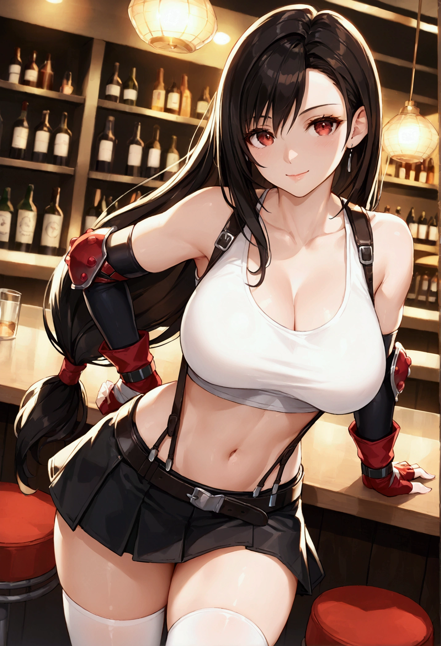 (score_9, score_8_up, score_7_up), BREAK  (masterpeace),(best quality),(aesthetic,very aesthetic),(highly detailed),(mid).1girl, tifa lockhart, final fantasy,(beautiful). black hair, low-tied long hair, red eyes, bangs, white tank top,gap, belt, pleated skirt, thighhighs, elbow fingerless gloves, elbow pads, midriff, navel,suspender skirt.zettai ryouiki,(large_breasts:1.3),Solo,upperbody,looking at viewer,  vibrant, joyful,cafe and bar,(Emphasize the cleavage),hands on counter,Showcasing cleavage:1.3 ,counter,straight-on,breast focus,from feet,dynamic angle,professional lighting,cinematic lighting