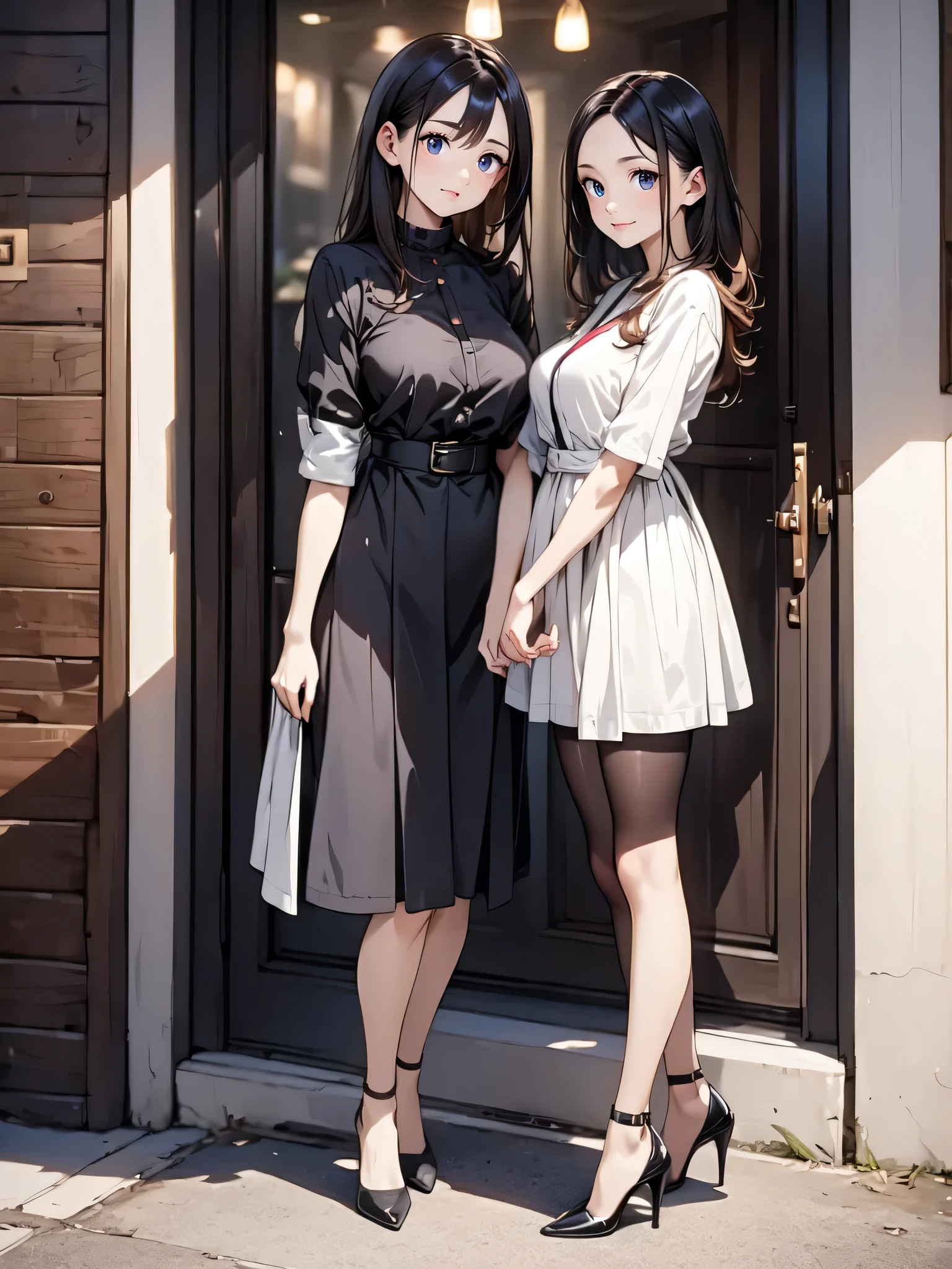 (masterpiece:1.3),(best quality, highest quality),((Full Body Shot,Including face)),1girl,4K,masterpiece,((Focus on the face)),((Symmetrical facial features)),Beautiful woman,(Slender),((High heels,Patterned stockings with straps)),Detailed depiction of the face, Cafe clerk ,In front of the entrance,profile,Long skirt,Slenderな女性,Cafe uniform