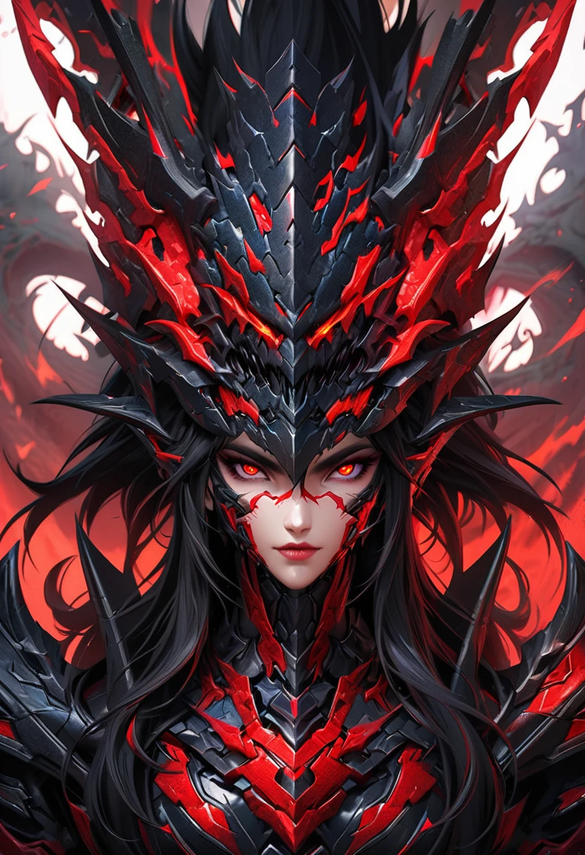 long black hair male, human and dragon fusion, epic fantasy digital art style, highly detailed exquisite fanart, cyborg dragon portrait, epic fantasy style art, demonic dragon inspired armor, red eyes, black dragon armor, red power