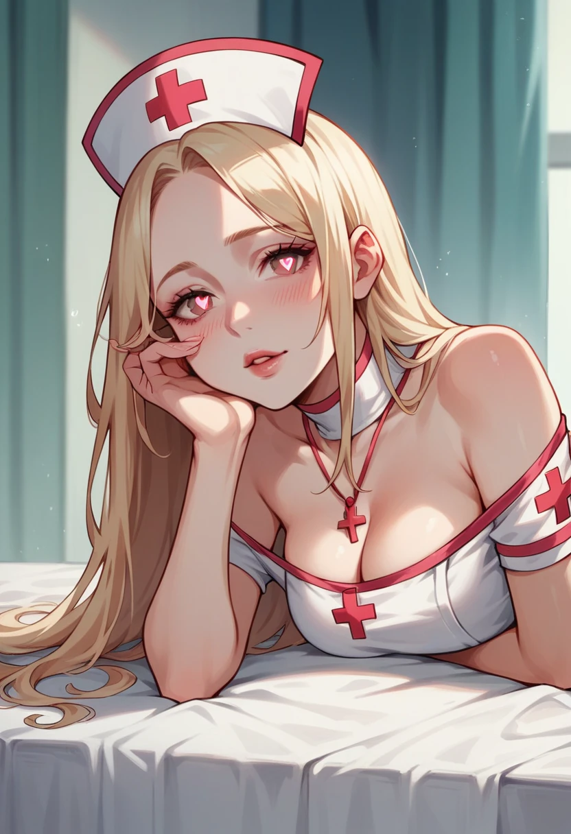 Attention to detail, Heart-shaped pupils,Nurse hat,Pink nurse uniform,Love Your Students,Cropped shoulders,Red Cross,Slender Maiden,Highly rendered,Detailed face,White Stockings,On your stomach,