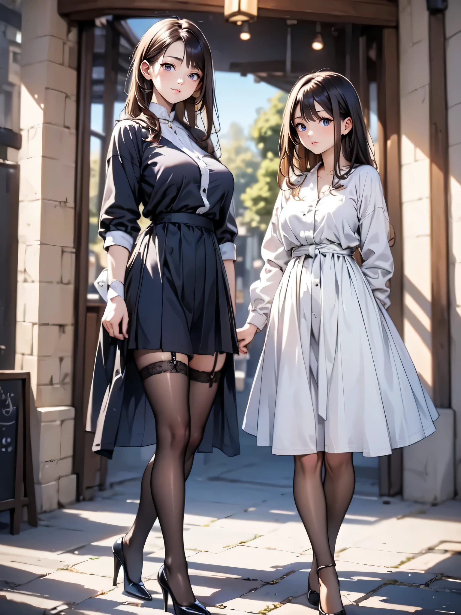 (masterpiece:1.3),(best quality, highest quality),((Full Body Shot,Including face)),1girl,4K,masterpiece,((Focus on the face)),((Symmetrical facial features)),Beautiful woman,(Slender),((High heels,Patterned stockings with straps)),Detailed depiction of the face, Cafe clerk ,In front of the entrance,profile,Long skirt,Slenderな女性,Cafe uniform,Age 25
