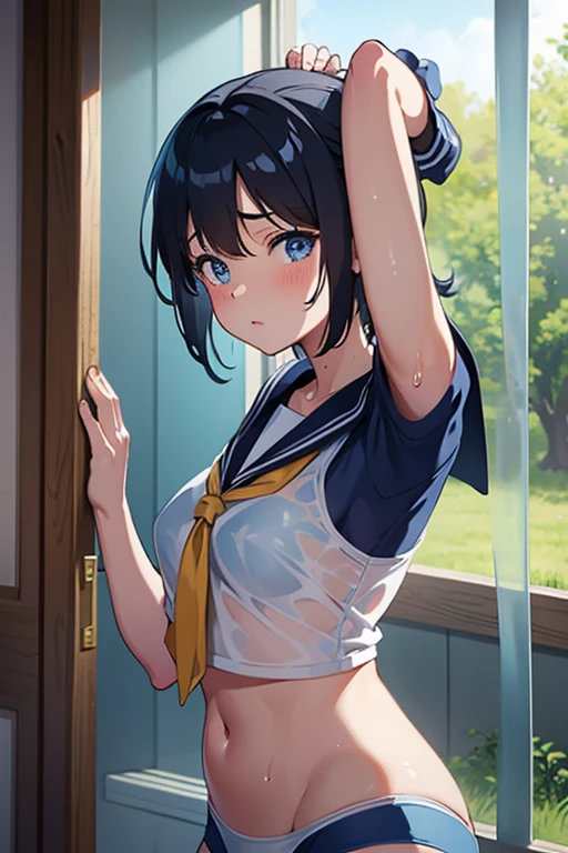 Striped and undressed Sailor Mercury covered in translucent slime and sweat does yoga