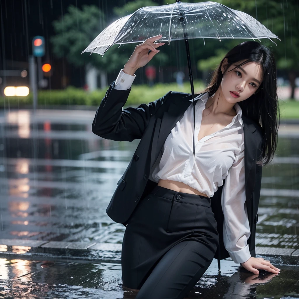 mini skirt、Leg spread、Hair getting wet in the rain、Transparent shirt、Beautiful woman getting wet in the rain、typhoon、Get wet without an umbrella、Beautiful woman in the rain、雨で濡れたBeautyOL、Detailed face、Realistic、beautiful girl、Beauty、Office Lady Uniform、beauty、Transparent nipples、Beautiful woman、Narrow waist、Handsome woman、Tight pants look、suit、Sexy pose、タイトなsuitパンツ、雨で濡れたsuit、Wet naked shirt、See-through shirt、Shot in heavy rain、Naked shirt