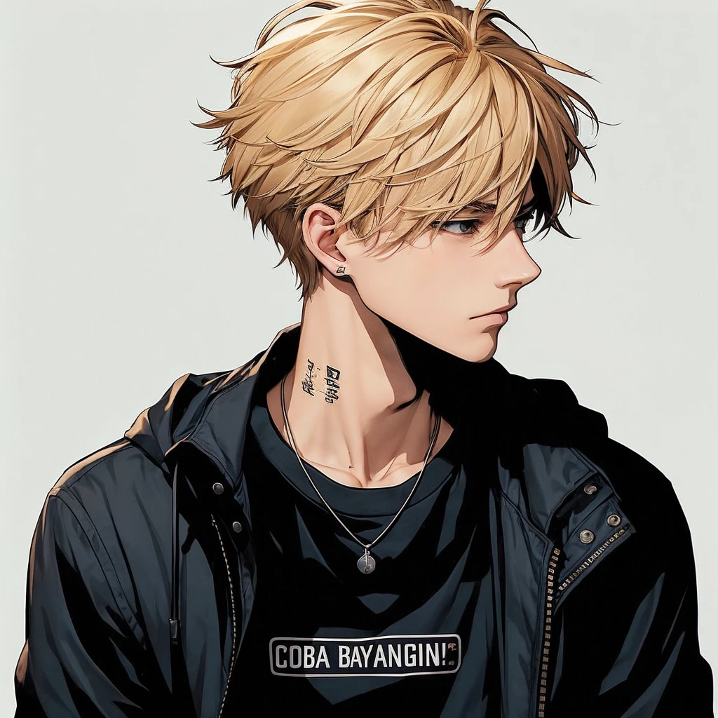 HD ULTRA anime a handsome Age 15 man..Blonde hair.. on his body is writte"COBA BAYANGIN"wearing a black t-shirt with a jacket.has a mark on the neck