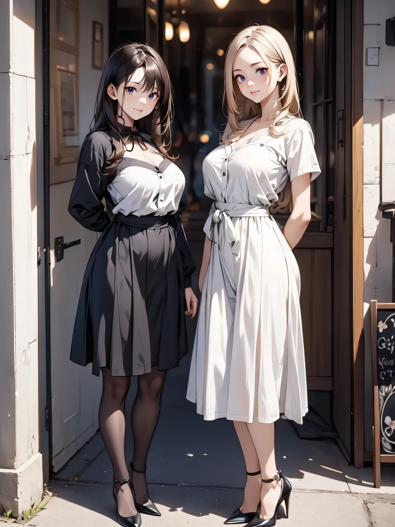 (masterpiece:1.3),(best quality, highest quality),((Full Body Shot,Including face)),1girl,4K,masterpiece,((Focus on the face)),((Symmetrical facial features)),Beautiful woman,(Slender),((High heels,Patterned stockings with straps)),Detailed depiction of the face, Cafe clerk ,In front of the entrance,profile,Long skirt,Slenderな女性,Cafe uniform,Age 25