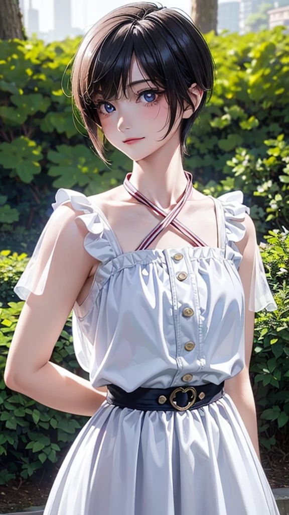 (masterpiece:1.3, Highest quality, Ultra-high resolution, Super detailed), (Realistic:1.1, photoRealistic:1.4), Beautiful illustrations, Perfect lighting, colorful, Depth of written boundary, Beautiful detailed hair, Beautifully detailed face, Beautiful attention to detail, Beautiful clavicle, Beautiful body, (Beautiful small breasts), Beautiful thighs, Beautiful feet, Beautiful fingers, View your viewers, 1 girl, Japanese, high school girl, Perfect Face, (Perfect ???????, Anatomically correct), Cute and symmetrical face, Baby Face, Sunburn, Glowing Skin, (short hair:1.5, Bobcut:1.2, Ash Blonde Hair), Hair between the eyes, blue eyes, Long eyelashes, thin, (Pale pink dress, Black tank top, White Skirt), (Are standing), (Cute smile,, Close your mouth),