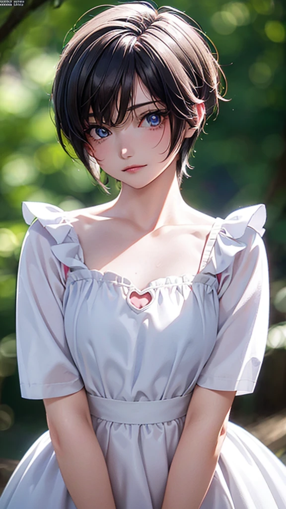 (masterpiece:1.3, Highest quality, Ultra-high resolution, Super detailed), (Realistic:1.1, photoRealistic:1.4), Beautiful illustrations, Perfect lighting, colorful, Depth of written boundary, Beautiful detailed hair, Beautifully detailed face, Beautiful attention to detail, Beautiful clavicle, Beautiful body, (Beautiful small breasts), Beautiful thighs, Beautiful feet, Beautiful fingers, View your viewers, 1 girl, Japanese, high school girl, Perfect Face, (Perfect Anatomy, Anatomically correct), Cute and symmetrical face, Baby Face, Sunburn, Glowing Skin, (short hair:1.5, Bobcut:1.2, Ash Blonde Hair), Hair between the eyes, blue eyes, Long eyelashes, thin, (Pale pink dress, Black tank top, White Skirt), (Are standing), (Cute smile,, Close your mouth),