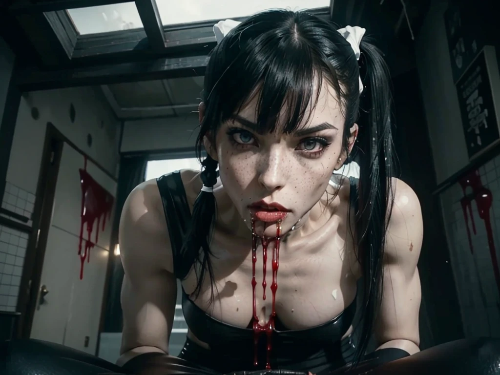 (((red dripping blood))), Her full body is shown giving a deep Blowjob, (She is sucking on a man's penis to the hilt), she is biting into a man's penis with her sharp fangs intense, super slutty,, POV imamate insertion, (skintight slutty and revealing bodysuit), helpless and at a giantesses mercy ,the 2 women are looking down at you at their feet, ((POV from a Giantess's soon to be human dildo)), ((skirt/pantyhose)), perfect legs and skinny thighs, pantyhose, ((perfect tight ass)), tight wet pussy, giantess, dread, impending death, sex, domination, ((Perfect eyes and face)), ((closed wet full lips)), ((perfect hands and fingers)), ((( a lot of white cum is dripping out of her pussy))), ((she has a skinny and toned strong body)), ((makeup)), ((freckles)), ((perfect eyebrows)), ((sharper edges)), ((perfect scary grey eyes)), perfect intimidating face, slut, sadistic, predatory, better detail on her skin, perfect face and strong jawline, perfect full wet lips, sadistic atmosphere, wet sweaty skin, more detail, beautiful intimidating grey eyes, ((beautiful horror)), better lighting, more toned muscles, perfect detail on her intimidating eyes, very tight underwear, ((tight pussy)), (((tighter clothing))), slutty, intense, perfect detail, tight and sexy, ((piercings)), skinny, skinny and strong, more skin showing, intense, slutty, freckles, long skinny perfect legs, scary and intense, she is a skinny and toned 25 year old sexy and perfect and intimidating Japanese/American skinny/tone futuristic evil retribuition alice, pale white skin, eye contact, (full tall body is shown), (((hair with short ponytails and bangs))), , perfect face and eyes, she has a skinny and athletic body wearing pantyhose, only her full body is shown above the viewer looking down at him, perfect face, perfect strong jawline, perfect lips, best resolution, perfect bone structure, femdom, she has a skinny and toned young perfect body and legs, tight stockings 