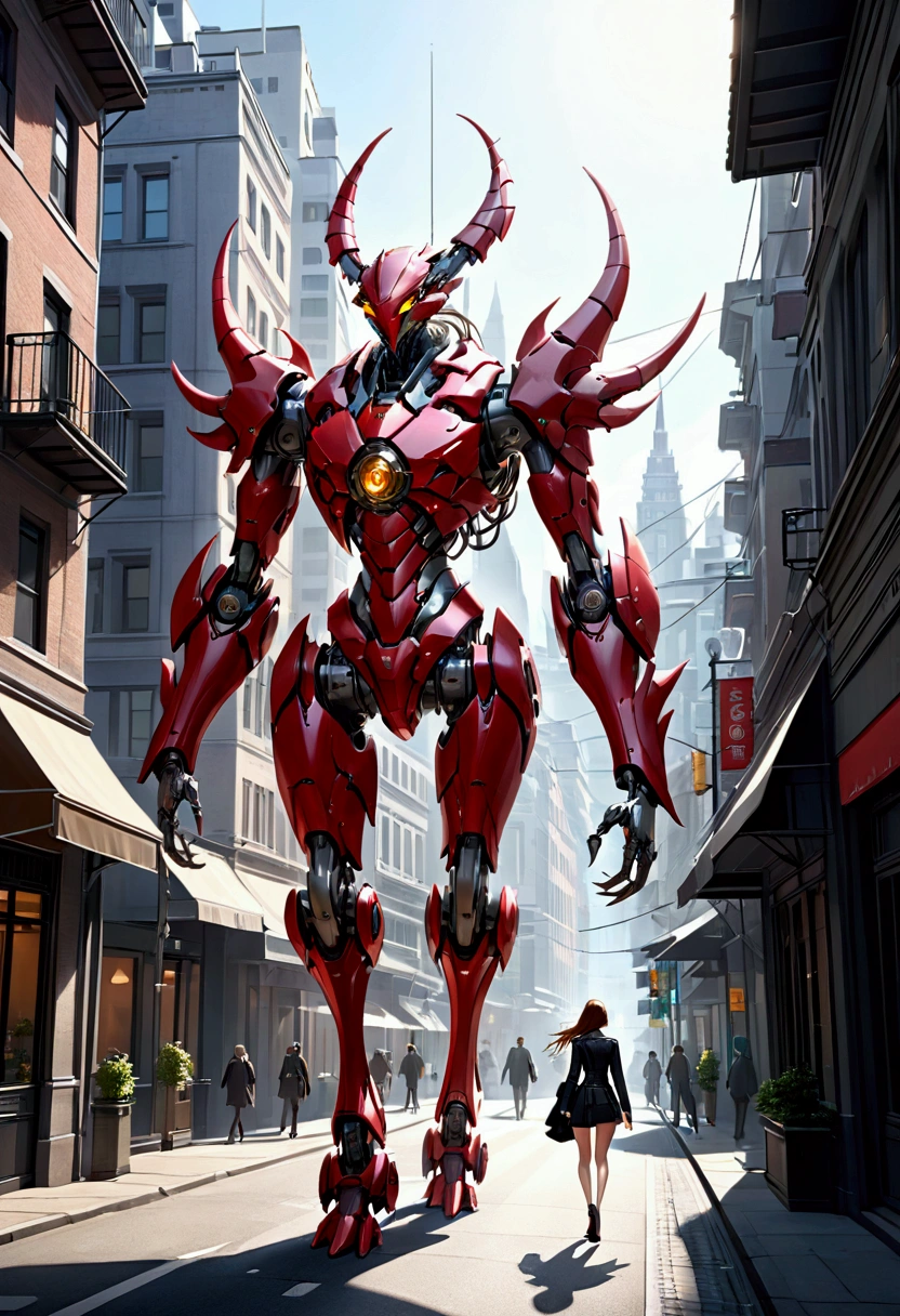 sexy mechanical creature walking in the city, daylight