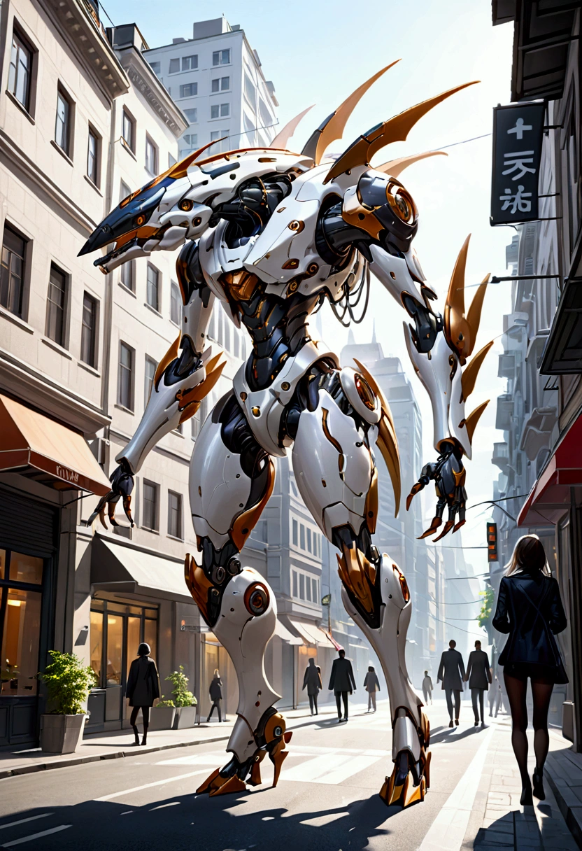 sexy mechanical creature walking in the city, daylight