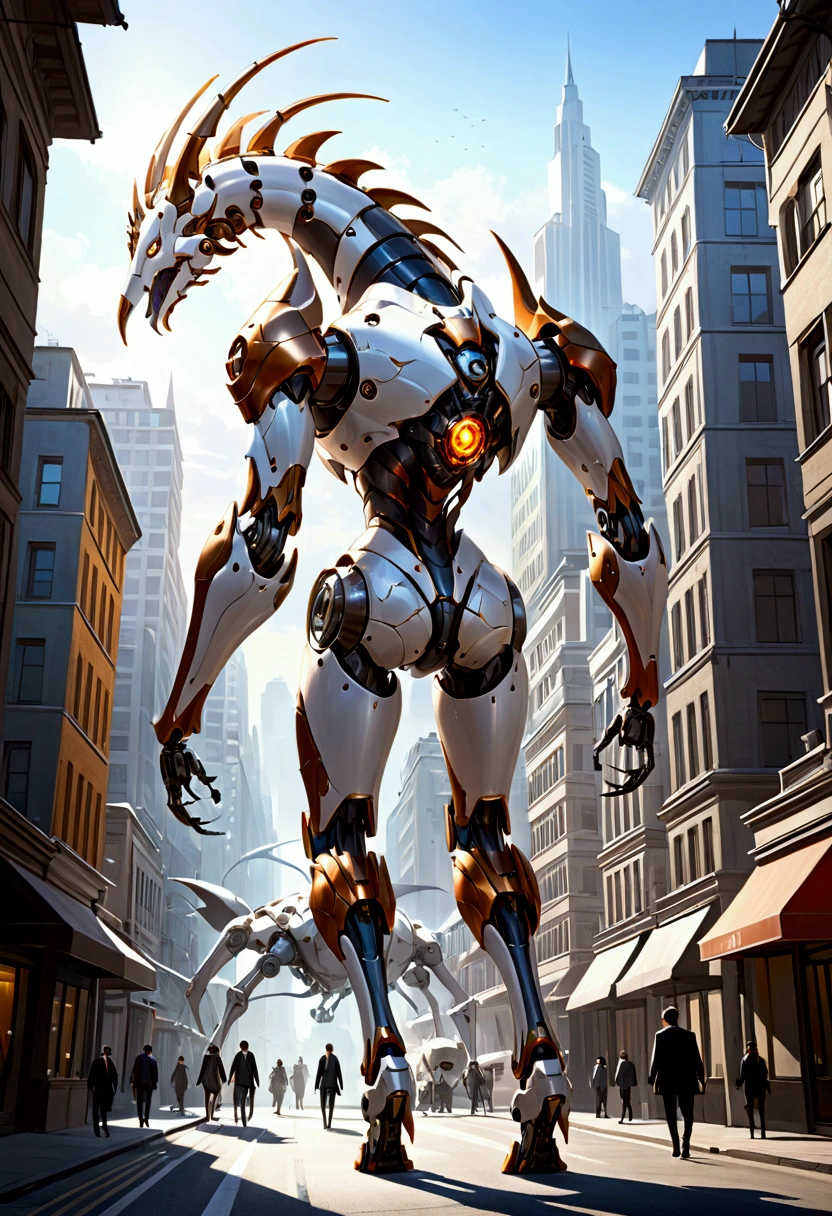 sexy mechanical creature walking in the city, daylight