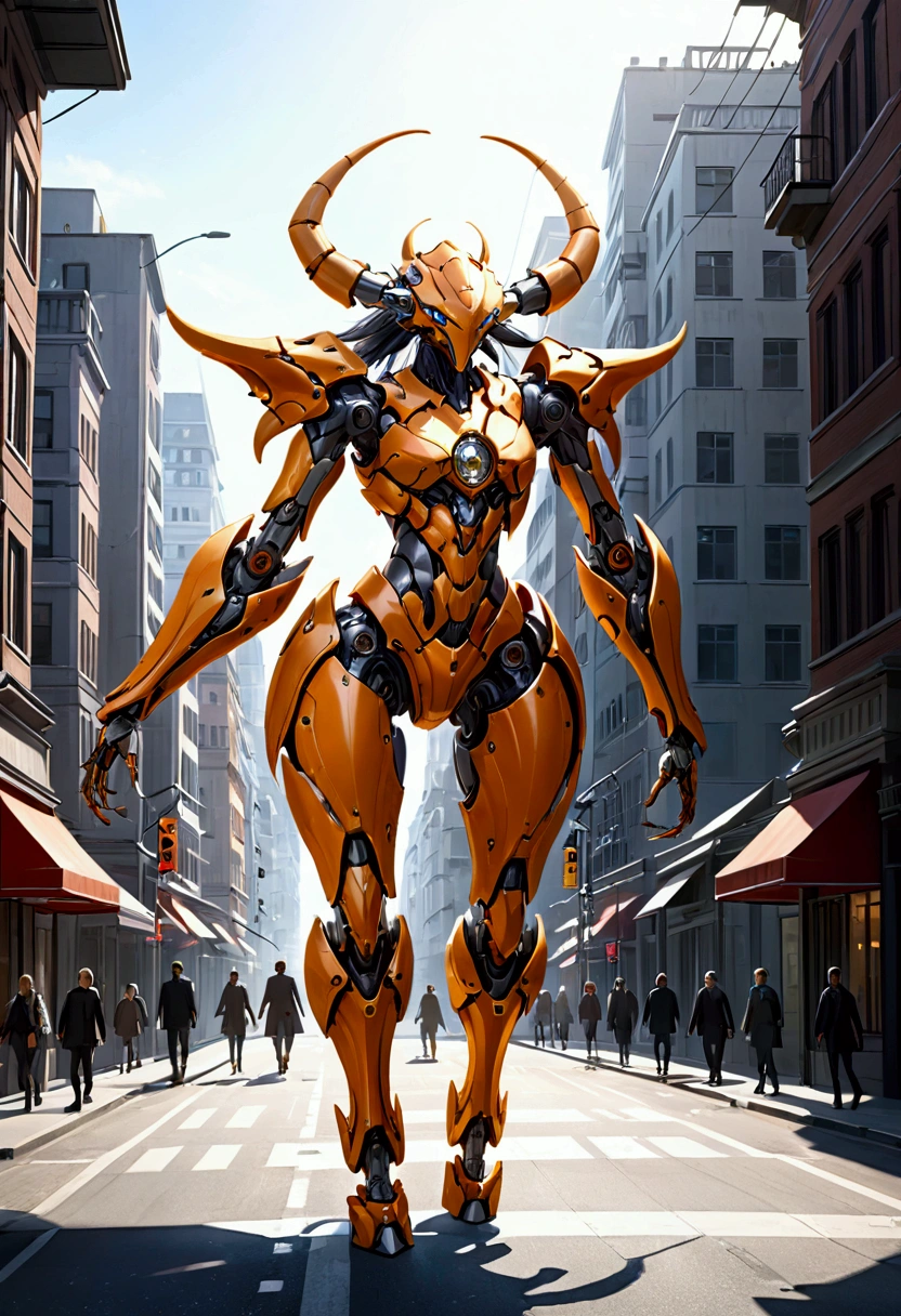 sexy mechanical creature walking in the city, daylight