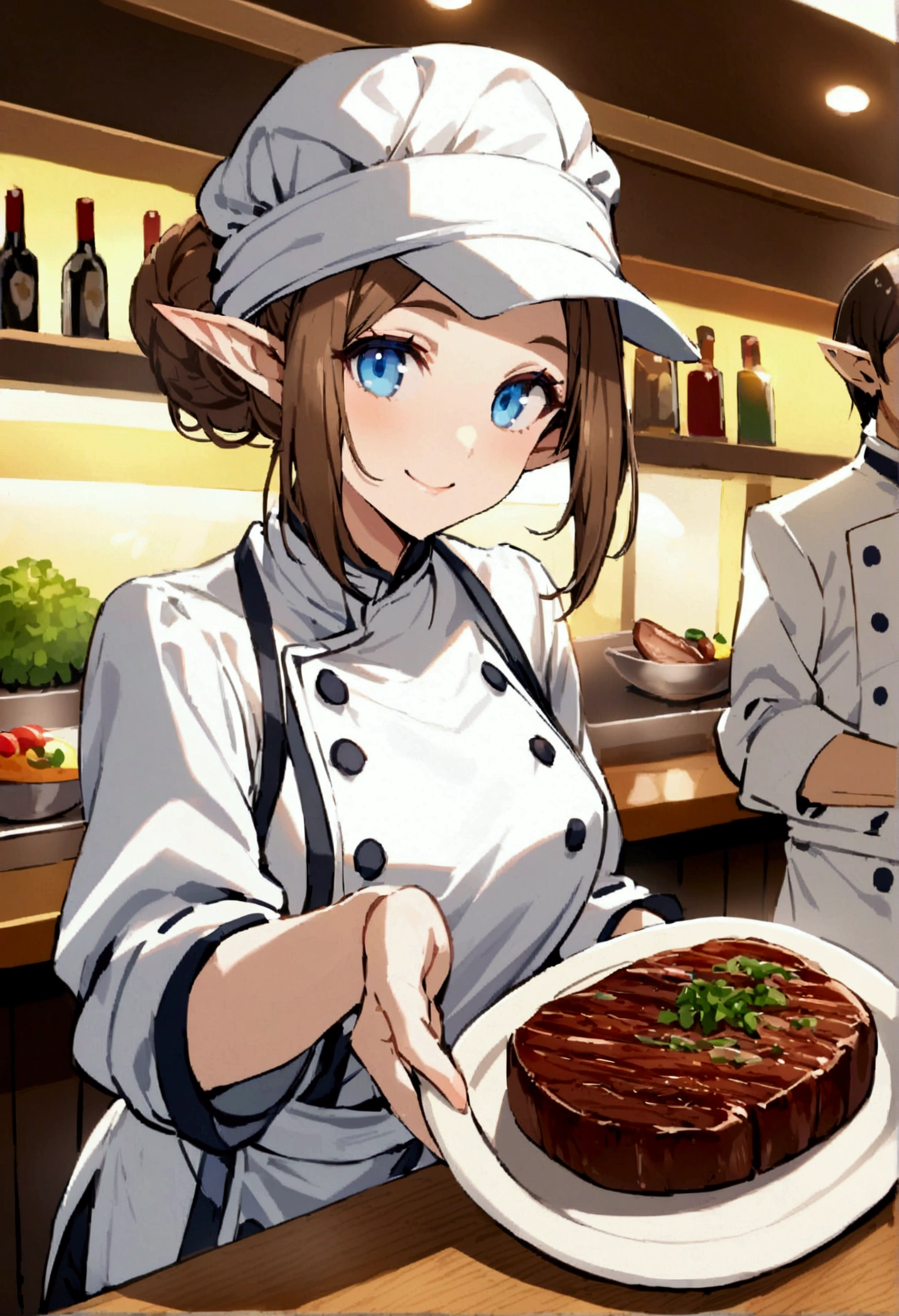beautiful woman long brown hair in a bun blue eyes dressed in white cap, chef shirt, He is smiling, Holding a steak in hand inside restaurant serving handsome elf boy