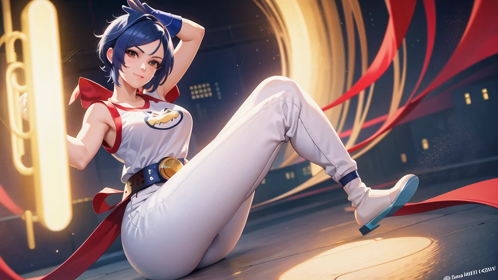 (at night), alone, in a video game scene a background of a beautiful city during the day raining, standing at attention, semi-short blue hair, anime frog face blouse, white flared pants, wears blue exercise gloves, has round glasses on her head, WEARS a RED scarf around her neck, huge belt with big round evilla, ((blue hair)), 1 girl, alone, 20 years old, young woman, perfect hands, beautiful fingers, long beautiful legs, beautiful body, beautiful nose, beautiful character design, perfect face, look at viewer with serious gesture and in attack position (focusing on his face), closed mouth, Light_Smile, official art, extremely detailed CG unity 8k wallpaper, lighting perfect, bright and colorful front lighting, shiny skin (masterpiece: 1.0), (best_quality: 1.0), ultra-high resolution, 4K, ultra-detailed photography, 8K, HDR, high resolution, nonsense: 1.2, Kodak portra 400, grain film, blurred background, bokeh: 1.2, lens flare, (vibrant_color:1.2), professional photography, (beautiful_face: 1.5), (narrow waist),
