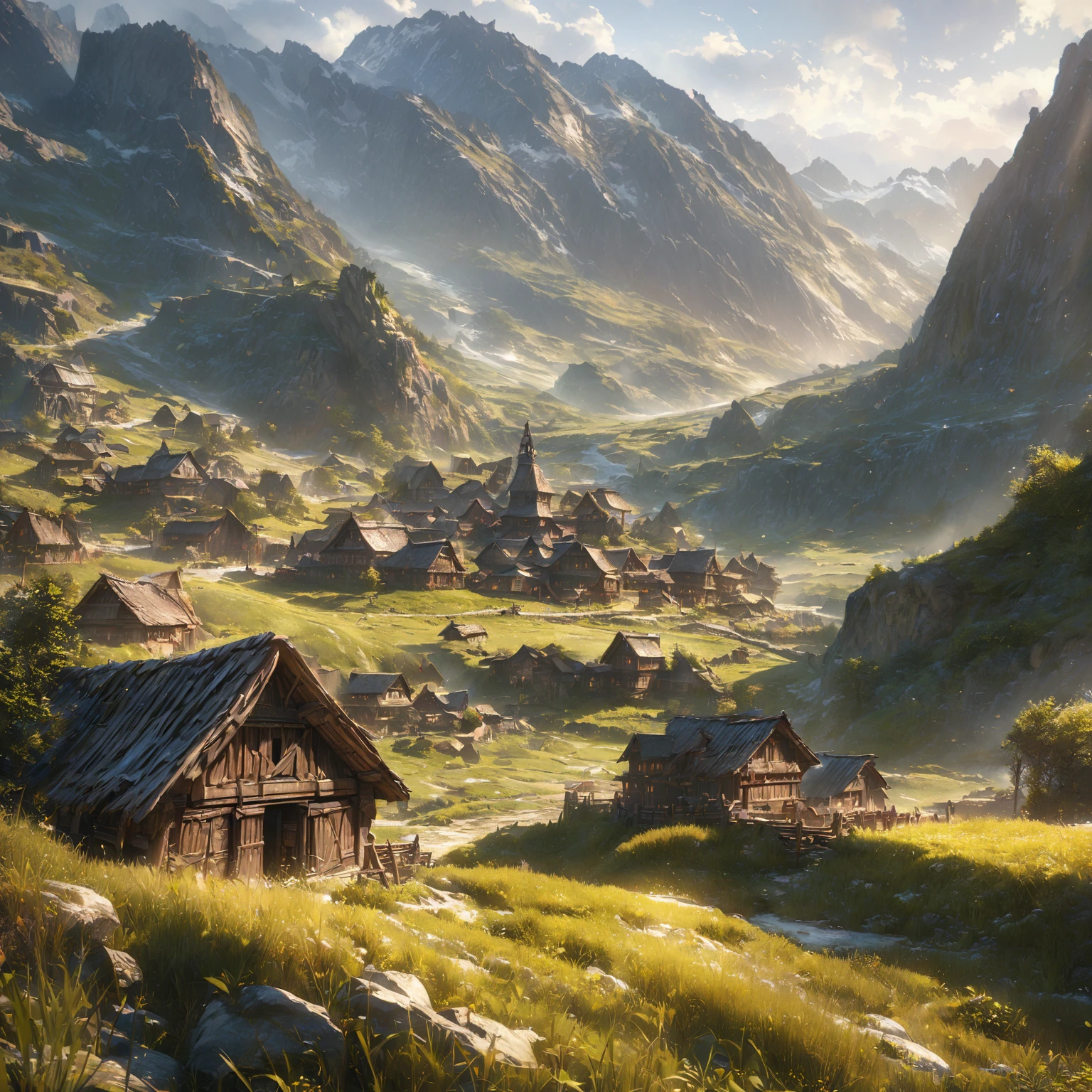 Scenery of grasslands, mountains, village, dark fantasy, dynamic lighting, ultra realistic, hyper realistic, detailed lighting, UHD, masterpiece, highest quality, high resolution, detail maniac, high definition, high quality, anime 