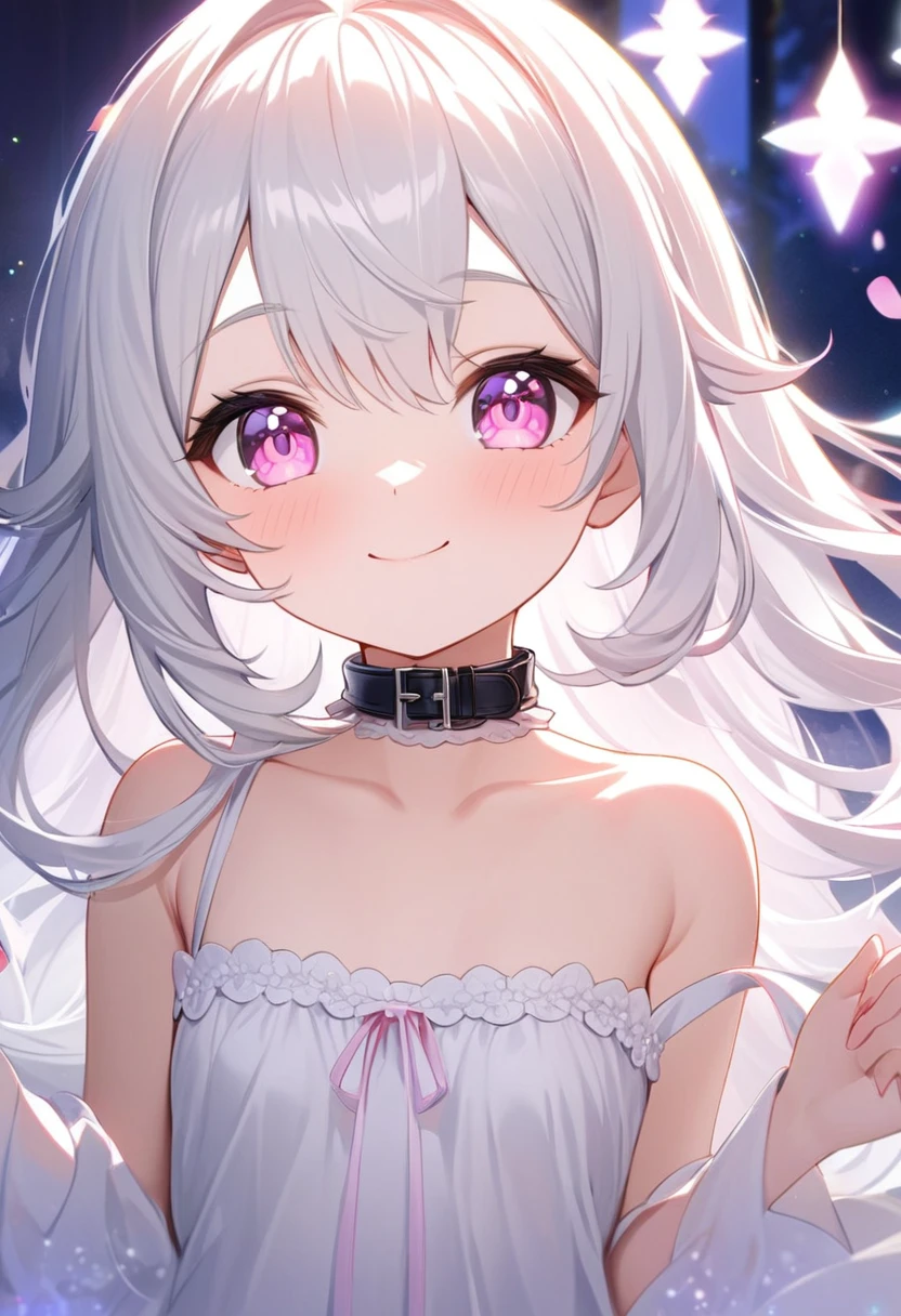 A portrait of white hair girl(( long)) hair, pink eyes, smile a little. The back is very small、****ta、Small breasts、、exterior: 10 years old、

Outfit: A white long night dress Black collar. Shoulder Bare、The clavicle is visible、Sexy white thighs.

(( radient light., cute, girl, ❤️💗💕😳😳🫶🏻)), add_detail:1, add_detail:0, add_detail:0.5, birthday arte, genshin birthdayhighest quality, High resolution, unity 8k wallpaper, (shape:0.8), (Beautiful and beautiful eyes:1.6), Highly detailed face, Perfect lighting, Extremely detailed CG, (Perfect hands, Perfect Anatomy),