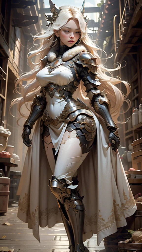 Create a hyper-realistic 3D image of a gorgeous blue-eyed blonde woman , sun-drenched combat scene similar to that of a Soviet film,Fantasy Art,Better image quality,Hyperrealistic portrait,(8k),Super realistic,最high quality,high quality,High resolution,high qualityな質感,High detail,beautiful,detailed,CG muy detailed,detailed texture,realistic facial expression,masterpiece,before,dynamic,Bold),1 girl,very detailed skin,curve,,beautiful胸,big breasts,White skin,pointed chest,erect nipples,(fine hair),(soft fur),(ultra straight hair),long flowing bangs,Very light copper amber hair,hair over one eye,NSFW,lily,(porn images),(leather boots,(asymmetrical mechanical armor),(long white lace dress with embroidery,see through,lift the hem of the dress))