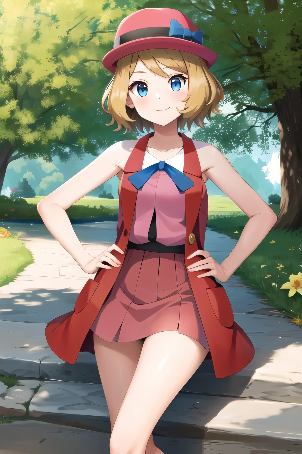 masterpiece, best quality, highres, serena \(pokemon\), short hair, blue eyes, 1girl, solo, blue ribbon, eyelashes, black thighs, neck ribbon, sleeveless, bangs, collarbone, bare arms, pink dress, red coat, pink hat, outdoor, sitting, back, turning back to the viewer, looking over shoulder, smile, skirt raised, showing underwear, panties, tight panties, Red panties, hands on hips.