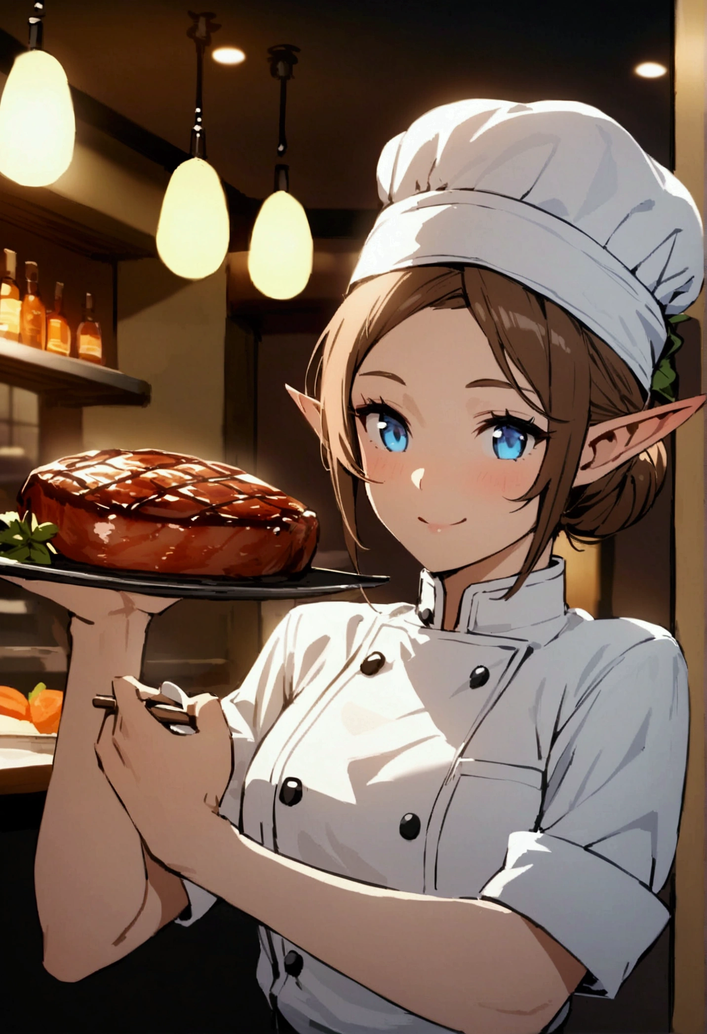 beautiful human woman long brown hair in a bun blue eyes dressed in white cap, chef shirt, He is smiling, Holding a steak in hand inside restaurant serving handsome elf boy 