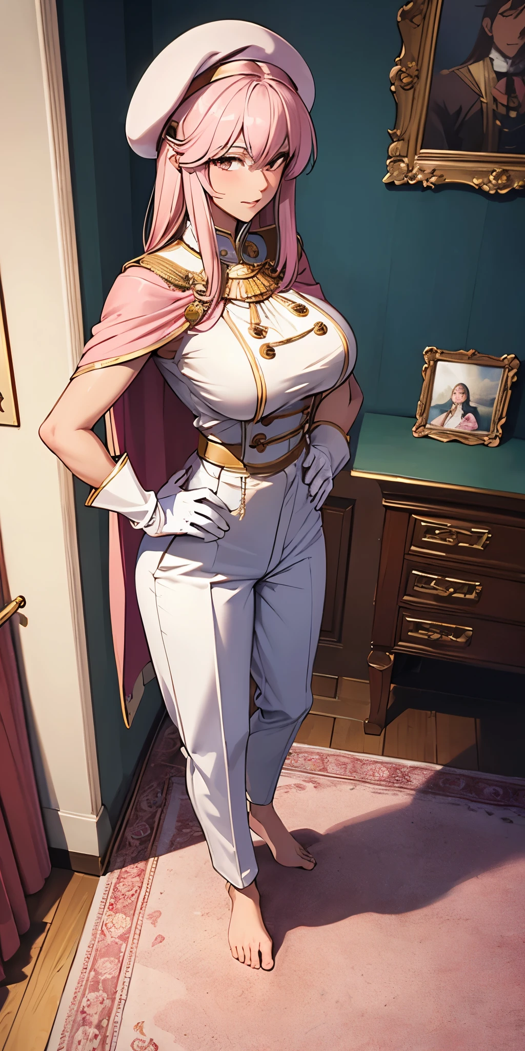 masterpiece, best quality, full body, barefoot, solo, female, big breast, feforrest, beret, pink capelet, pink tunic, white pants, brown gloves, upper body, looking at viewer, shy, from above, mansion, room, finely decorated room, pink theme, big breast but cover, hands to hip