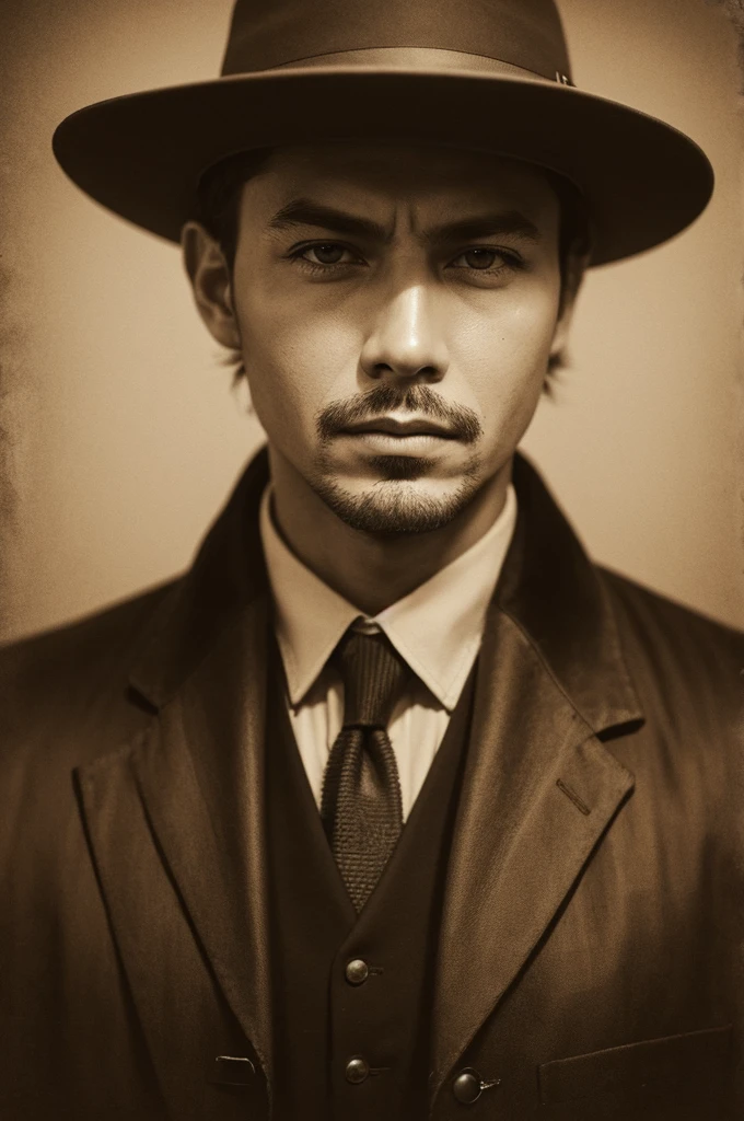 Sepia-style portrait of a wanted criminal, a cool man