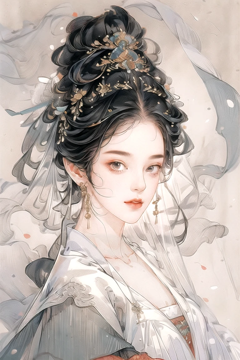 (masterpiece), best quality, best quality, Highly detailed CG Unity 8k wallpaper, Original, high resolution, (Depth of Field: 1.5), Honesty: 1.3, Chest, bride portrait style, 1 girl, curtain, veil , bridal veil, Wedding dress, curtain, Jewelry, Solitary, earrings, teeth, bride, Black_hair