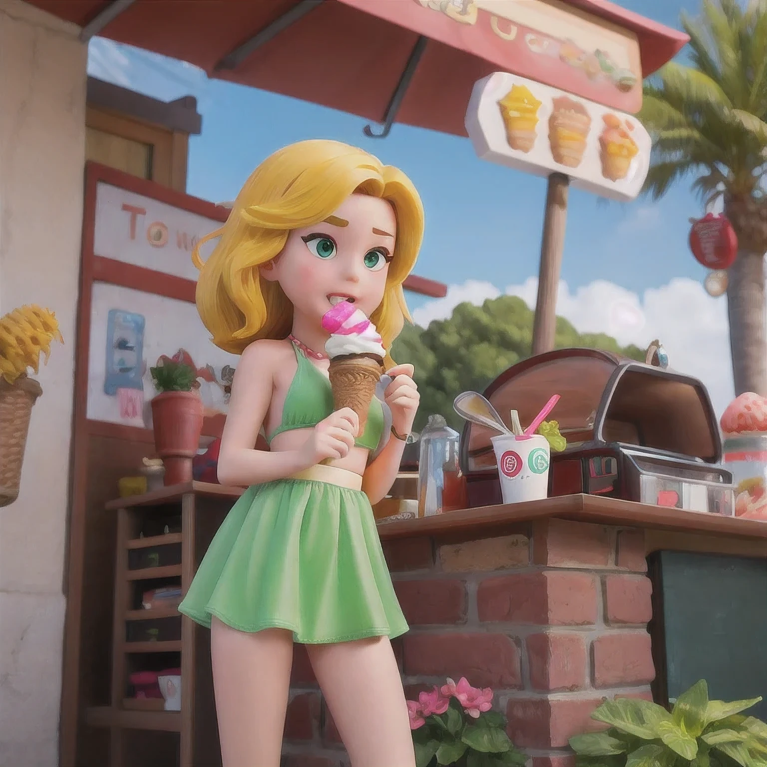girl in a bikini eating an ice cream cone, eating ice cream, in a bikini, angela white, giorgia meloni, katy perry, in bikini, eating ice - cream, wearing spandex bikini, ice cream on the side, bikini, ice cream, wearing a bikini, candid photo of dirty, shiny plastic bikini, candid shot, cone, 1 girl, solo,in a green dress standing by a wall,portrait of female idol