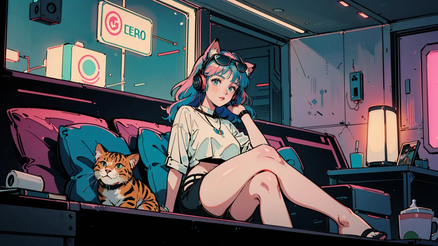 Summer night in neo-Tokyo: a futuristic home interior. An alluring 18-year-old girl with long, vibrantly-colored hair relaxes inside, her curvaceous figure accentuated by a revealing crop top and short shorts. Adorable cat-ear headphones sit atop her head, adding a playful contrast to her seductive gaze. The oversized headphones are now worn on her head instead of hanging around her neck. Vinyl records and holograms surround her under neon lights. Through the window, a futuristic cityscape glows. She embodies a tantalizing blend of retro charm and futuristic allure as she lounges in her home.