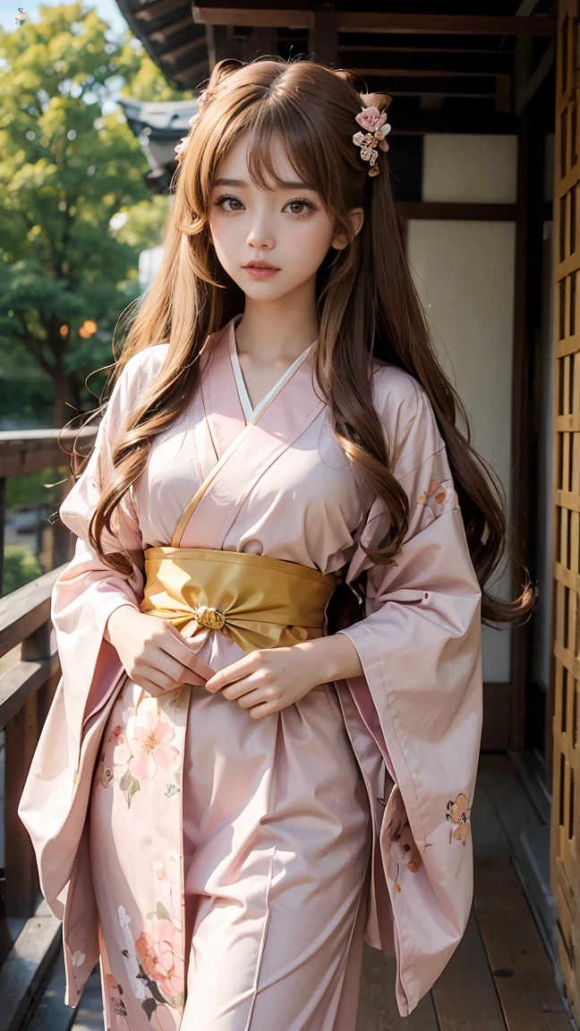 Anime girl with wavy golden hair and brown eyes wearing an antique light pink and a bow at her waist,kimono japan