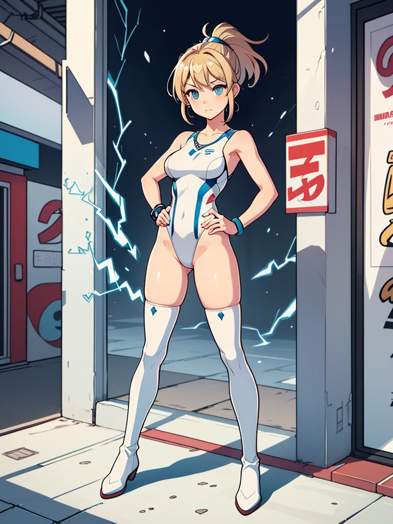 1girl, tall body, light blonde hair, aquamarine eyes, boots, breasts, bracelets, full body, hair ornament, (shoulder-length hair, ponytail), full body with costume, leotard, white leotard with blue accents, bare legs, white stockings, white boots, medium breasts, perfect hands, complete fingers, perfect anatomy, perfect proportions , solo, standing, superhero, (lighting logo on chest), beautiful detailed eyes, beautiful detailed face, age 18, full body zenkai! asuka suit, full body portrait, body infused with electricity, diffraction spikes, heroic, standing straight, hands on hip, cowboy shot, city backdrop