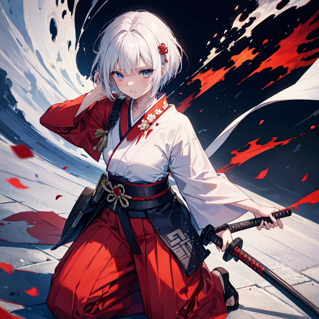 One woman((Grit your teeth,Bloody)) Red burning background,Shining,Knife Women,(White Hair,Short bob blue eyes,Super Shine,Holding a sword),Japanese style kneeling in desperation,Anime The Wind Blows,Flowers fall off,Front Eyepatch,Filmography,samurai ,kimono