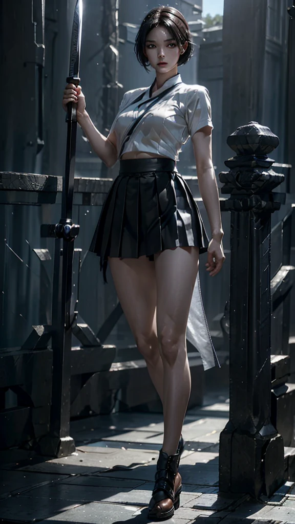 Battlefield Background，Wear a blue bandeau，Blue ultra-short pleated skirt，Close-up shot of short-haired girl in women wears leather shoes holding samurai sword and fighting in battlefield，Full body close-up，Fighting Stance