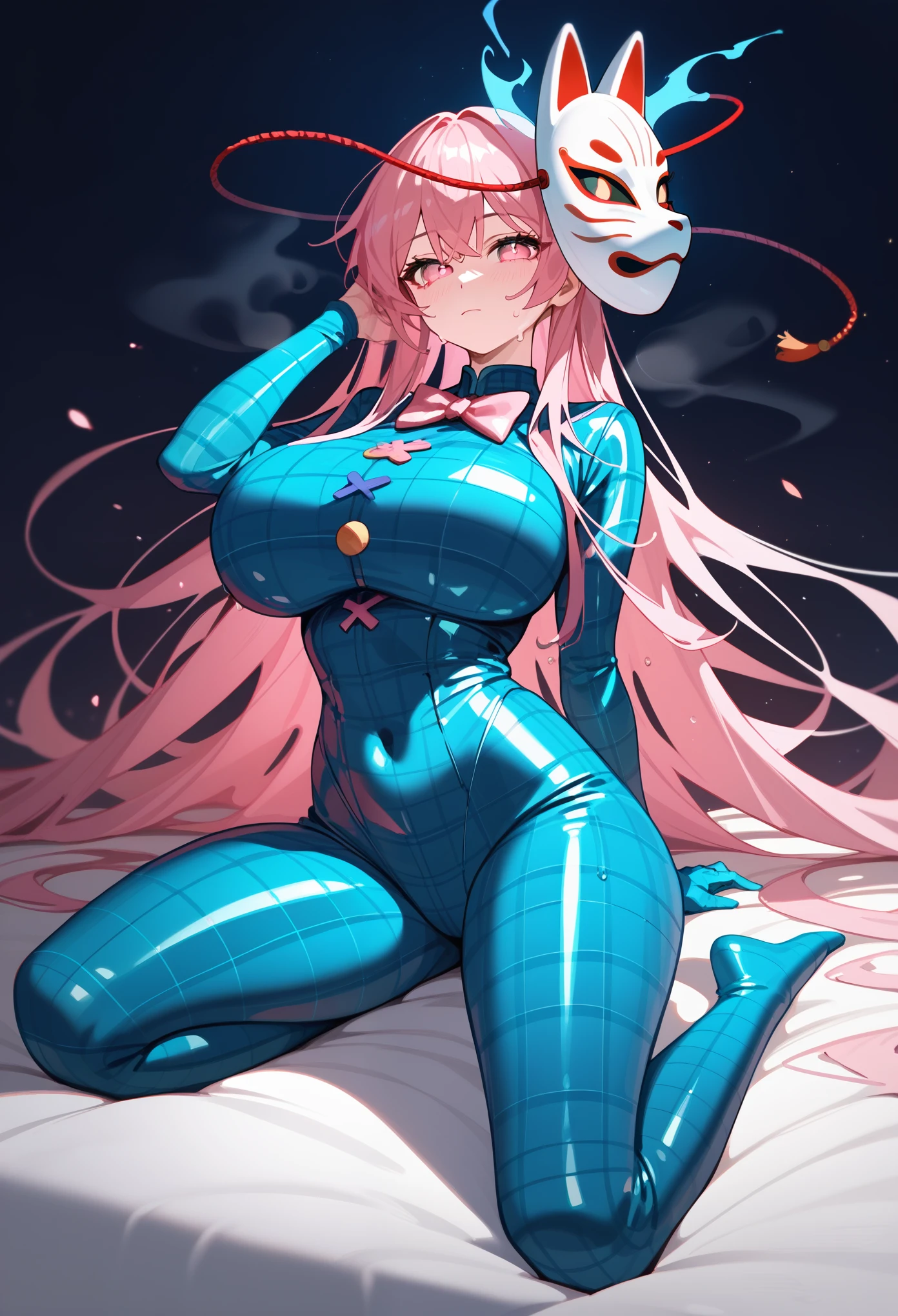 (masterpiece, Highest quality, Ultra-high resolution), 1girl, Hata no Kokoro, fox mask, Pink hair, long hair, pink eyes, Emotionless face, mask on head, closed mouth, huge breasts, (dark blue latex bodysuit), plaid pattern on suit, The clothes fit perfectly, pink bowtie, Bright red latex has a strong metallic sheen, Glossiness, shiny, whole body slimy, Sweat, Stuffy, steamy, Glossiness, shiny, bedroom, backlight,