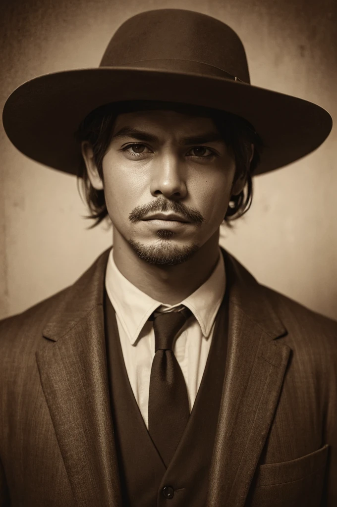 Sepia-style portrait of a wanted criminal, a cool man