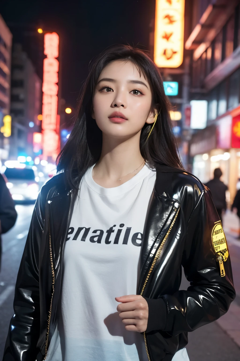 (masterpiece, Highest quality, Highest quality, Very detailed, Most detailed, Official Art, Structure of the film, beautifully、aesthetic:1.2), colorful, (Detailed drawn eyes:1.1), Beautiful Face, Perfect body, One girl, alone, City of night, City, Ratan, street, black | Yellow bomber jacket, (Neon Light:1.1), Small breasts, software, performer, (headphone:1.1), (cyber punk:1.1), (sf:1.1), (look up:1.2), (public:1.2)