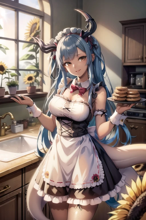 ((best quality)), ((masterpiece)), (detailed), 1girl, Ibuki Douji, French Maid uniform, Kitchen environment, large window showing sunflowers with the sun shining through it, happy expression, holding a tray of cookies, dark skin, light blue hair, long tail, unique horns, 