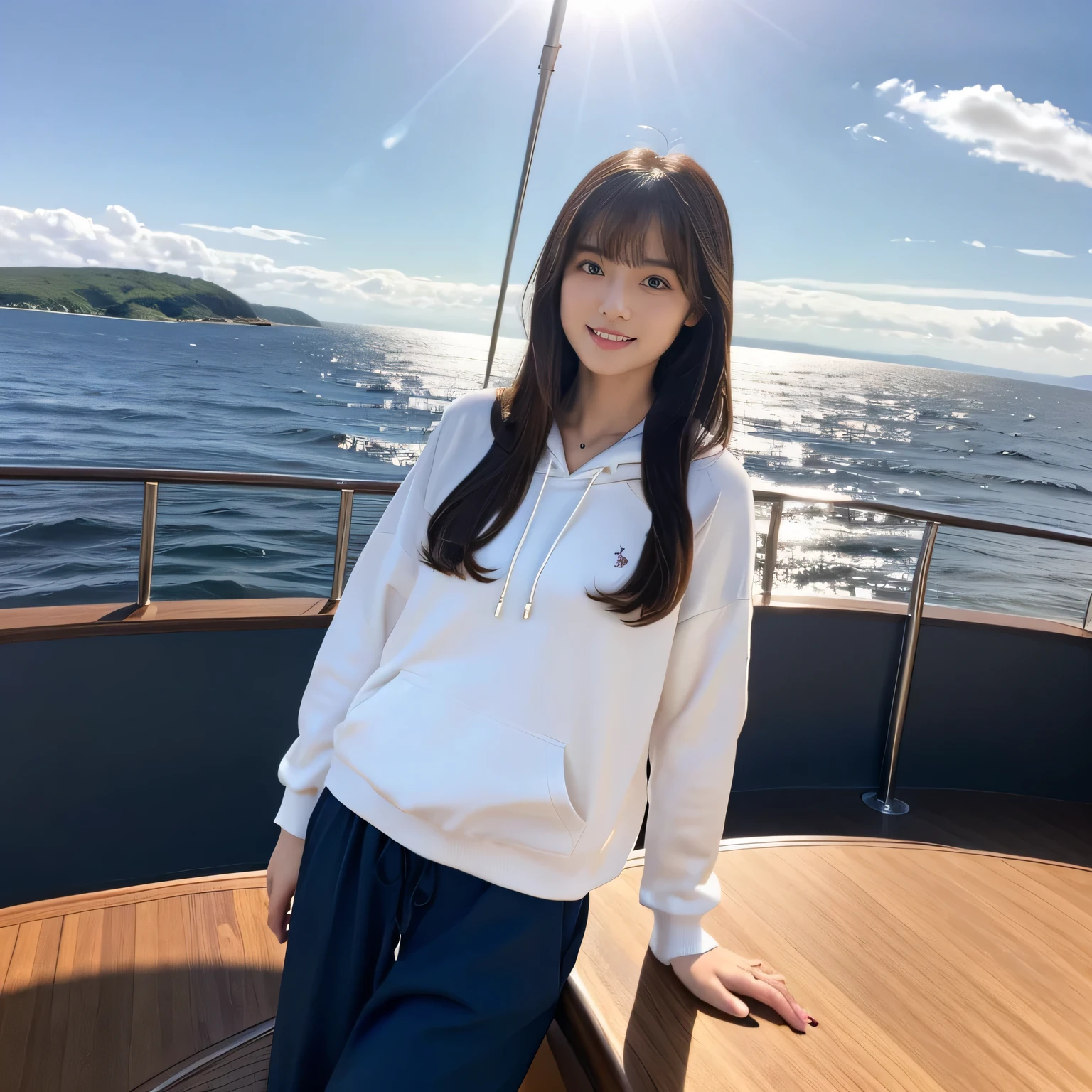(Calm and gentle look:1.2), (Full Body Shot:1.3), (panorama:1.8), Cinema Lighting, ((Highest quality)), (RAW Photos, Highest quality), ( Realistic:1.4), realism, masterpiece, Very delicate and beautiful, Very detailed, 4K wallpaper, wonderful, finely, Very detailed CG unity 8k wallpaper, Very detailed, High resolution, Soft Light, Japanese, (one shot:1.9), (22 years old:1.6), (Round face:1.2), (Fat:0.8), (A neat and clean woman:1.5), Beautiful detailed woman,Famous Japanese actresses, Detailed face, finelyて美しい目, Very detailedな目と顔, Beautiful eyes and a beautifully detailed nose, Ultra HD glossy lips, (Straight Hair:1.4), Shiny Hair, Shiny Hair, Brown Hair, (bangs:1.4), Long, slender legs, Toned body, (Smiling:1.4), Natural Makeup, (Ralph Lauren, white, hoodie:1.3), (Ralph Lauren, dark blue, Marine pants:1.5), Accentuate your body lines, (Deck Shoes:1.2), (A model poses on the deck of a yacht offshore:1.4), (Deep blue midsummer sky, cumulonimbus, The ocean with a wide horizon:1.3), (Strong winds are making my hair flutter:1.6), 