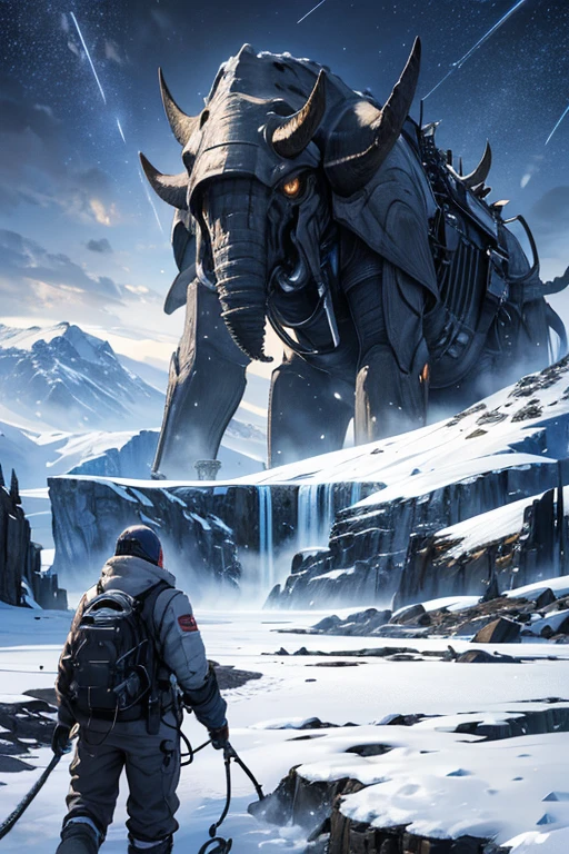 masterpiece,Highest Resolution,Highest quality,Meca Mammoth,Detailed Machinery,electronic circuit,electrical cables,Antarctica,Snowstorm,wild,Snow Mountain,Snowfield