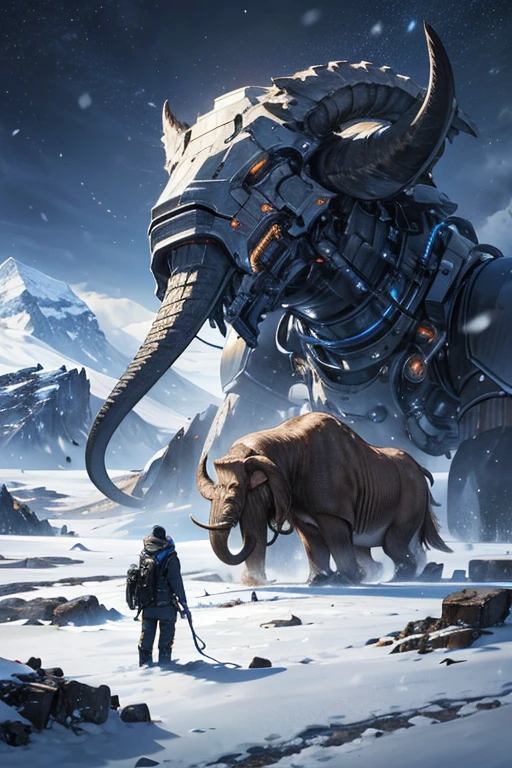 masterpiece,Highest Resolution,Highest quality,Meca Mammoth,Detailed Machinery,electronic circuit,electrical cables,Antarctica,Snowstorm,wild,Snow Mountain,Snowfield