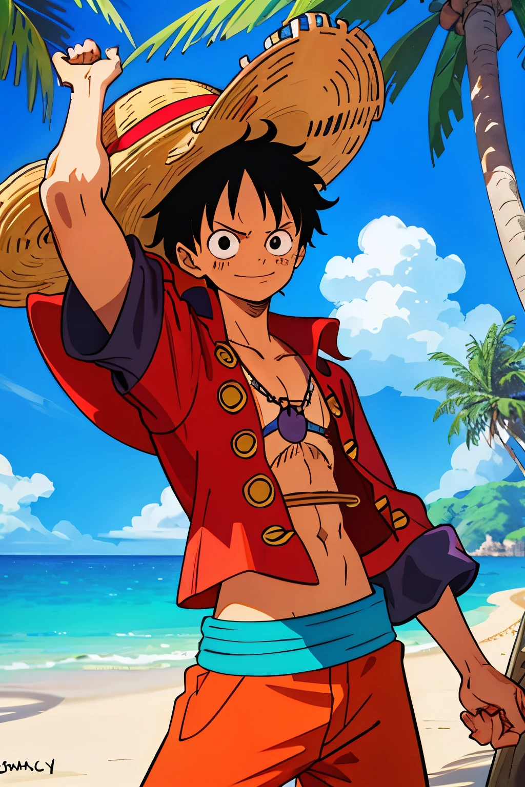 1. Luffy, the iconic pirate captain, poses with his signature straw hat and crooked smile, showcasing his muscular build and determined expression. The background features the breathtaking view of a tropical island, complete with palm trees swaying in the wind and the sparkling blue ocean. The intricate details in Luffy's facial features, such as his expressive eyes and well-defined wrinkles around his mouth, are captured in the highest quality, making this a true masterpiece. (tmasterpiece, top quality, best quality)

2. A pixelart rendition of Luffy, with pixel-perfect accuracy in capturing the essential details of his appearance. The background