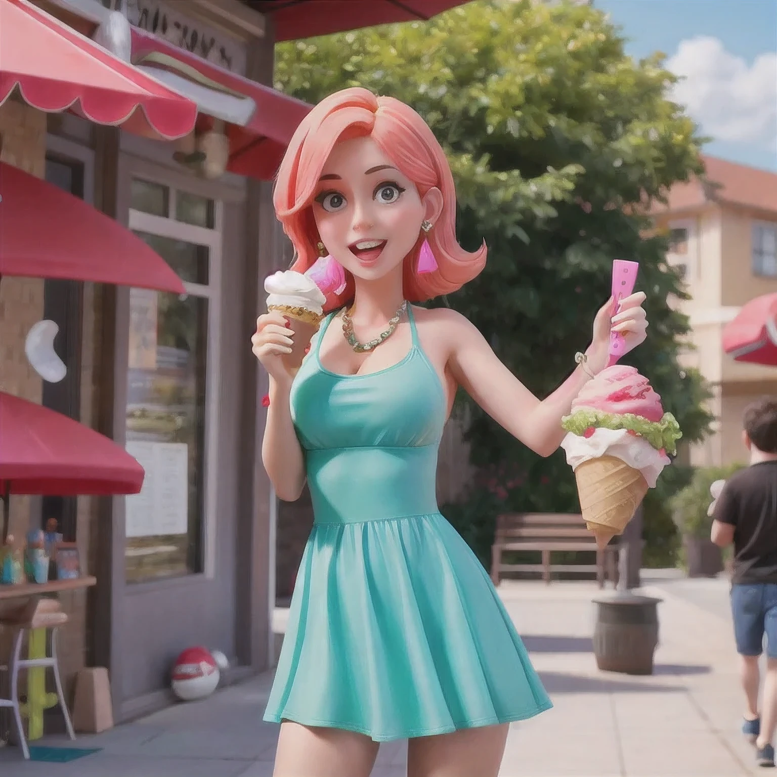 girl in a bikini eating an ice cream cone, eating ice cream, in a bikini, angela white, giorgia meloni, katy perry, in bikini, eating ice - cream, wearing spandex bikini, ice cream on the side, bikini, ice cream, wearing a bikini, candid photo of dirty, shiny plastic bikini, candid shot, cone, 1 girl, solo，in a green dress standing by a wall,portrait of female idol