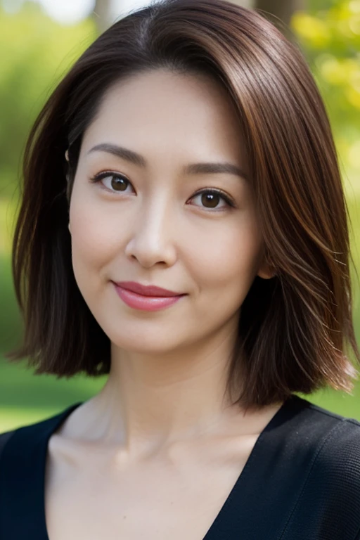 Dark brown hair, Light brown eyes, Japanese women, 40 years old, Intricate details, Upper body photo, (Detailed eyes), (Detailed facial features), highest quality, Ultra-high resolution, 8K resolution, Depth of written boundary, at the park, Medium sized breasts, Cleavage, Wearing a light blouse, (short hair), (View your viewers), (Standing in a sexy pose)