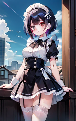 Highest quality、One Girl、Maid、garter belt、sky、Colorful Hair、cute 、Shiny skin、24-years-old、Shine、High Contrast、Charm、Sensual Mature Woman, Customer service at the cafe, Big Breasts、White blouse、Black Skirt、No sleeve、Beautiful thighs、White headband、shortcut、Low - Angle、Buckshot
